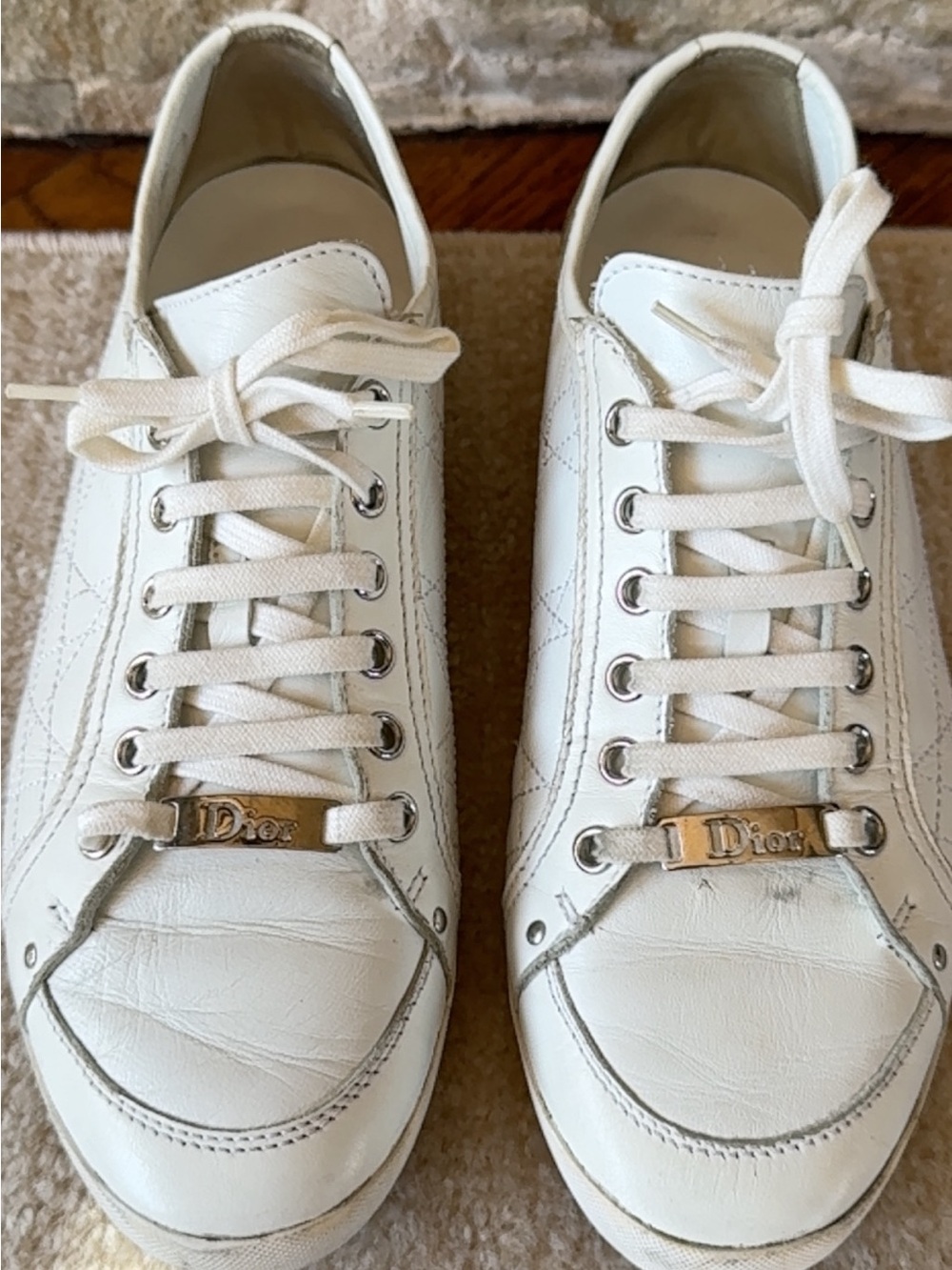 Dior Cannage Quilted Leather Low Top White Leather Sneakers with Metal Logo